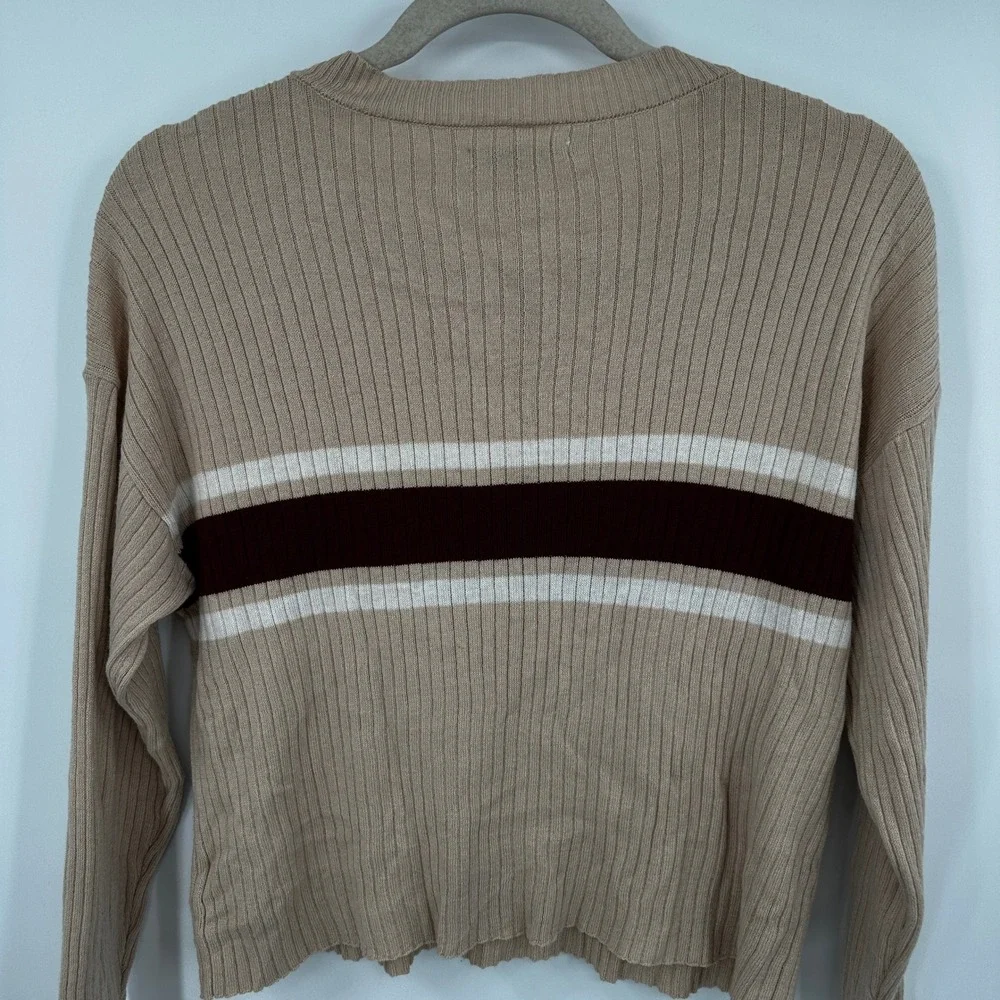 American Eagle Outfitters Ribbed Henley Crop Sweater‎ Beige Burgundy Stripes S